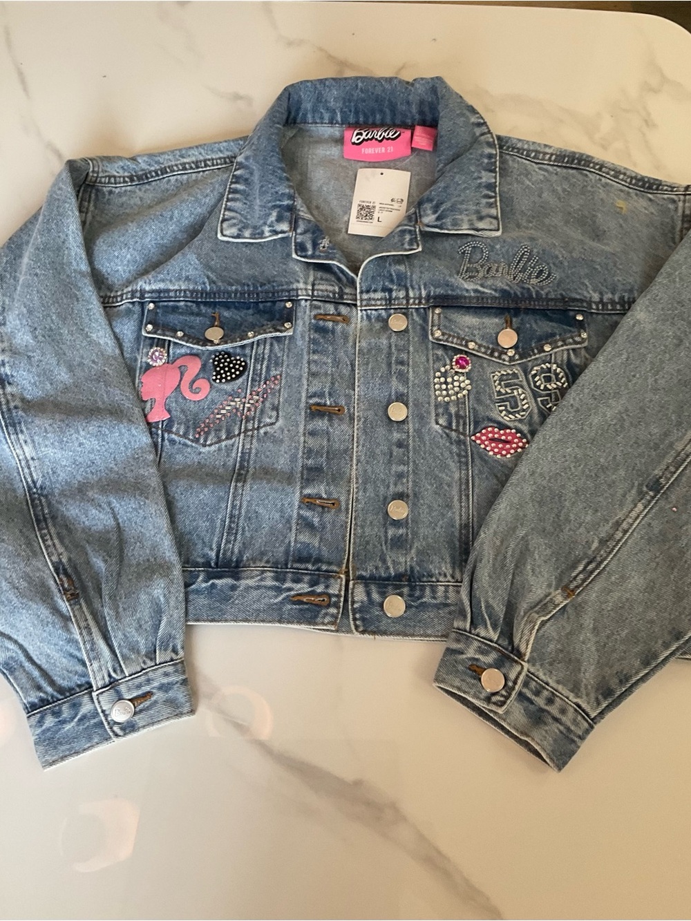 NWT Forever 21 Barbie Jean Jacket with Pink & Silver Embellishments